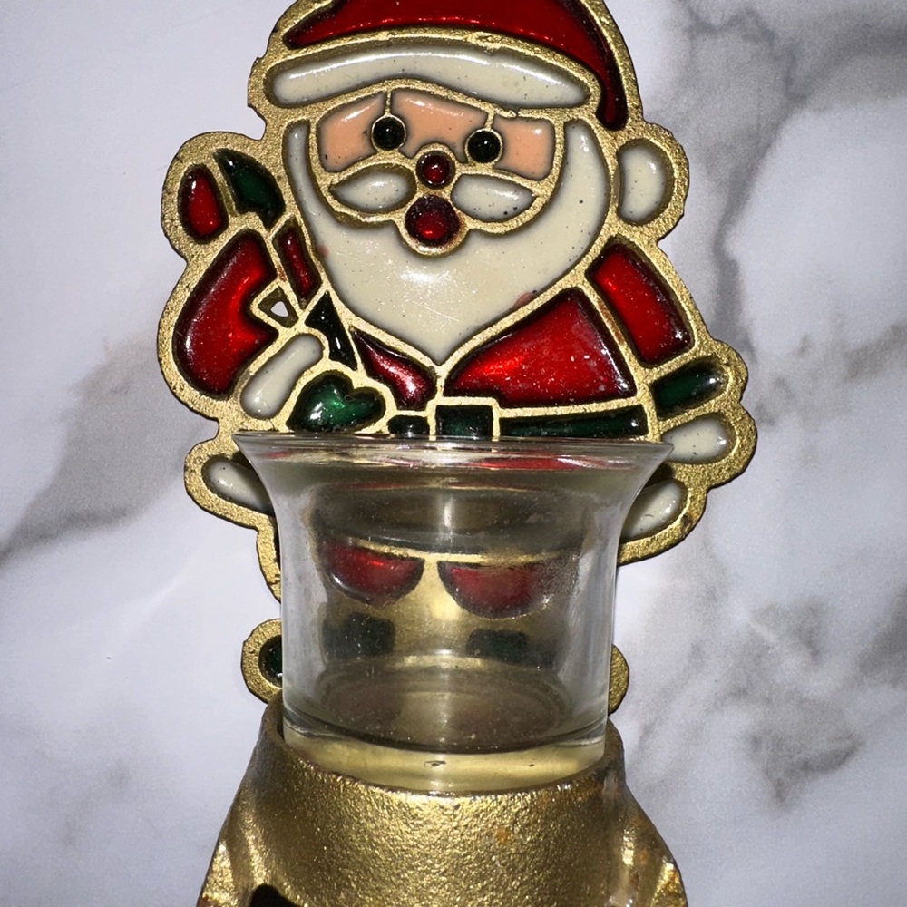 Vintage Santa Claus Stained Glass Style Candle Holder w Glass Votive